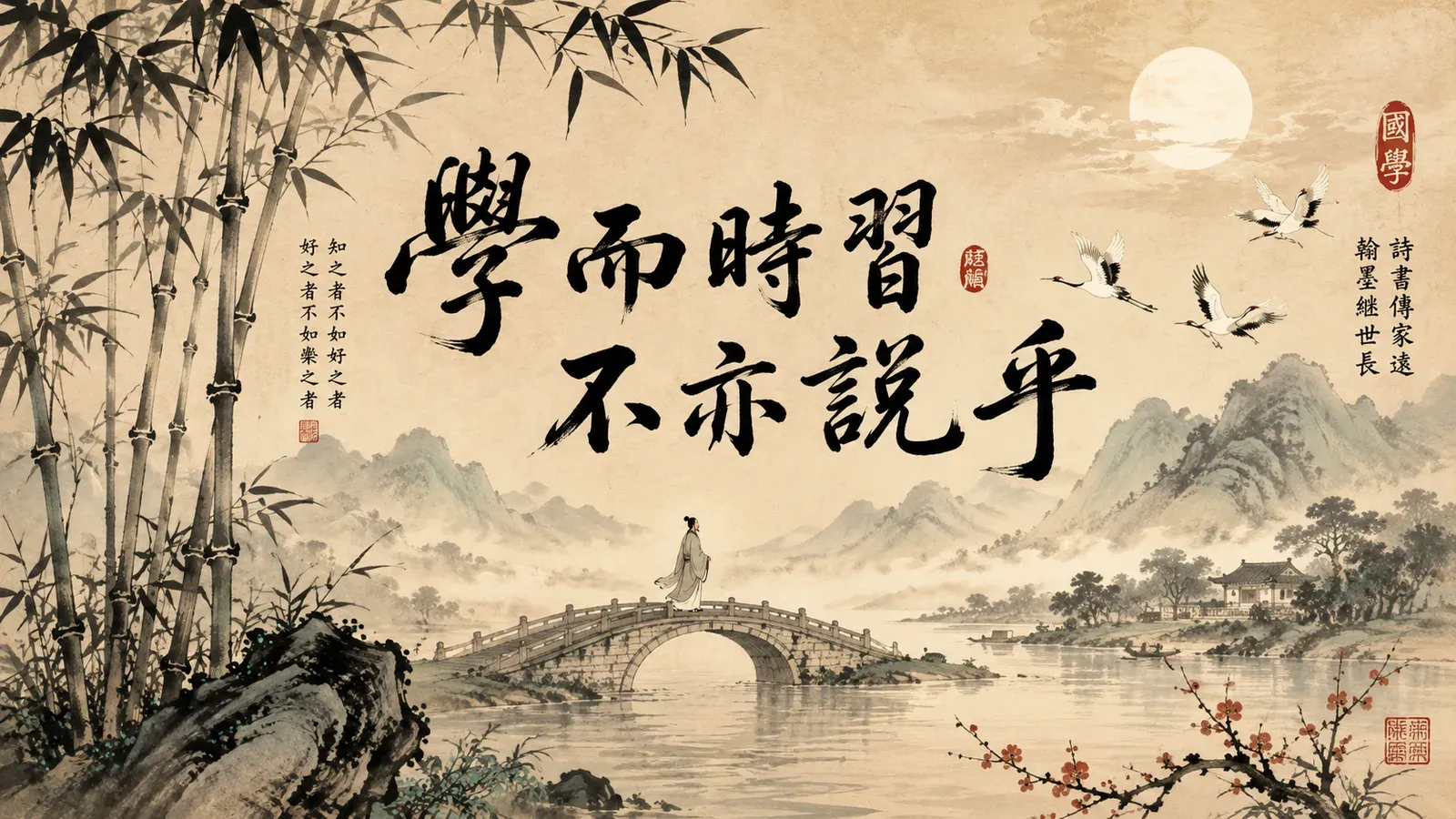 Học giả qua cầu đá vẽ mực với thư pháp 學而時習不亦說乎, minh họa ứng dụng giúp người lớn học viết lại chữ Hán đã quên
