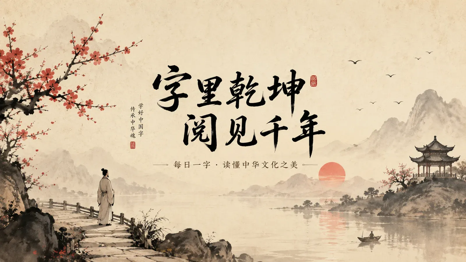 Chinese ink painting with calligraphy 字里乾坤 and a scholar by red plum blossom at sunset, illustrating whether an app can lock your phone until you write a Hanzi
