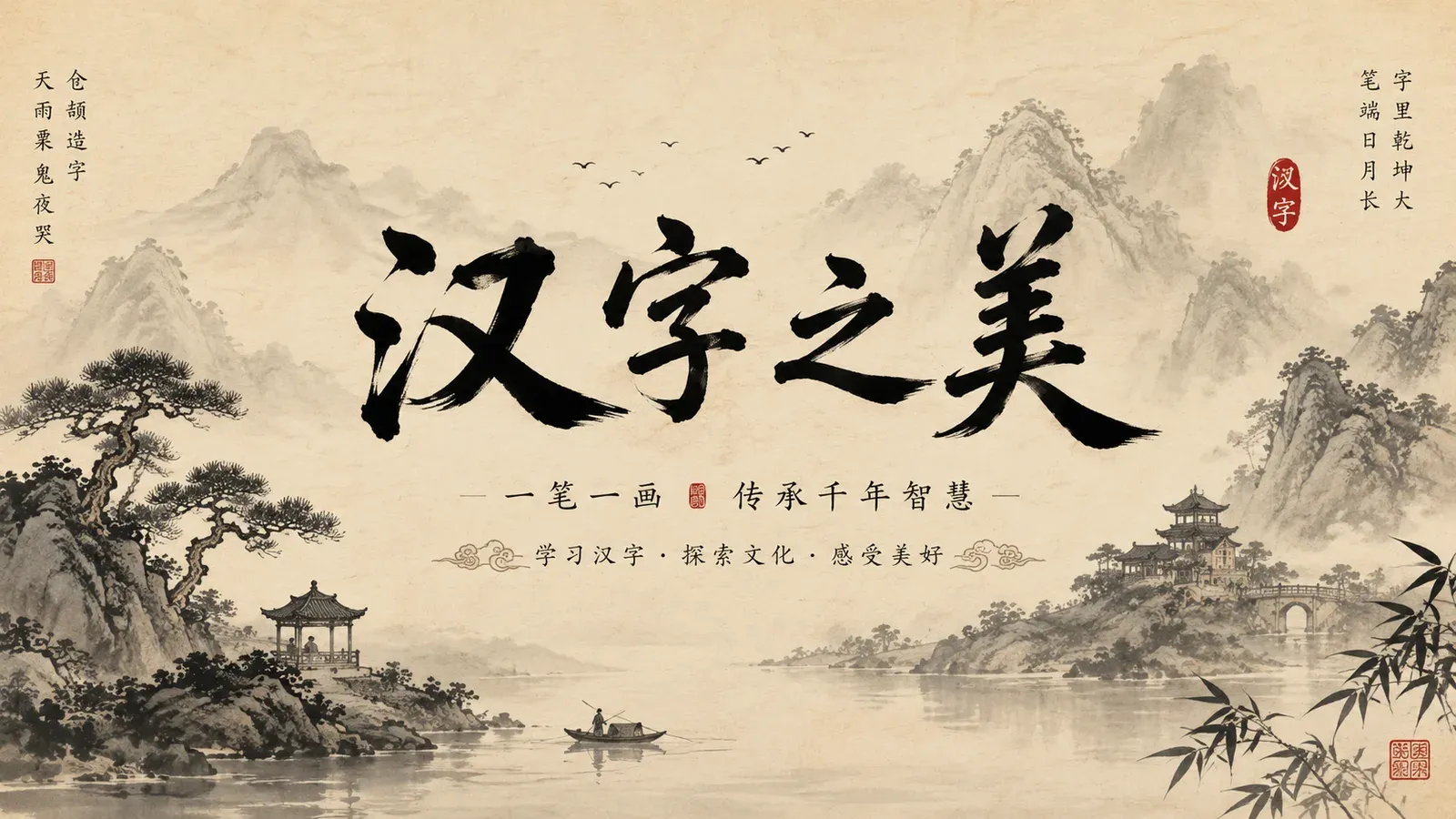 Paisaje de tinta con la caligrafía 汉字之美, que ilustra una aplicación para practicar la escritura de caracteres chinos